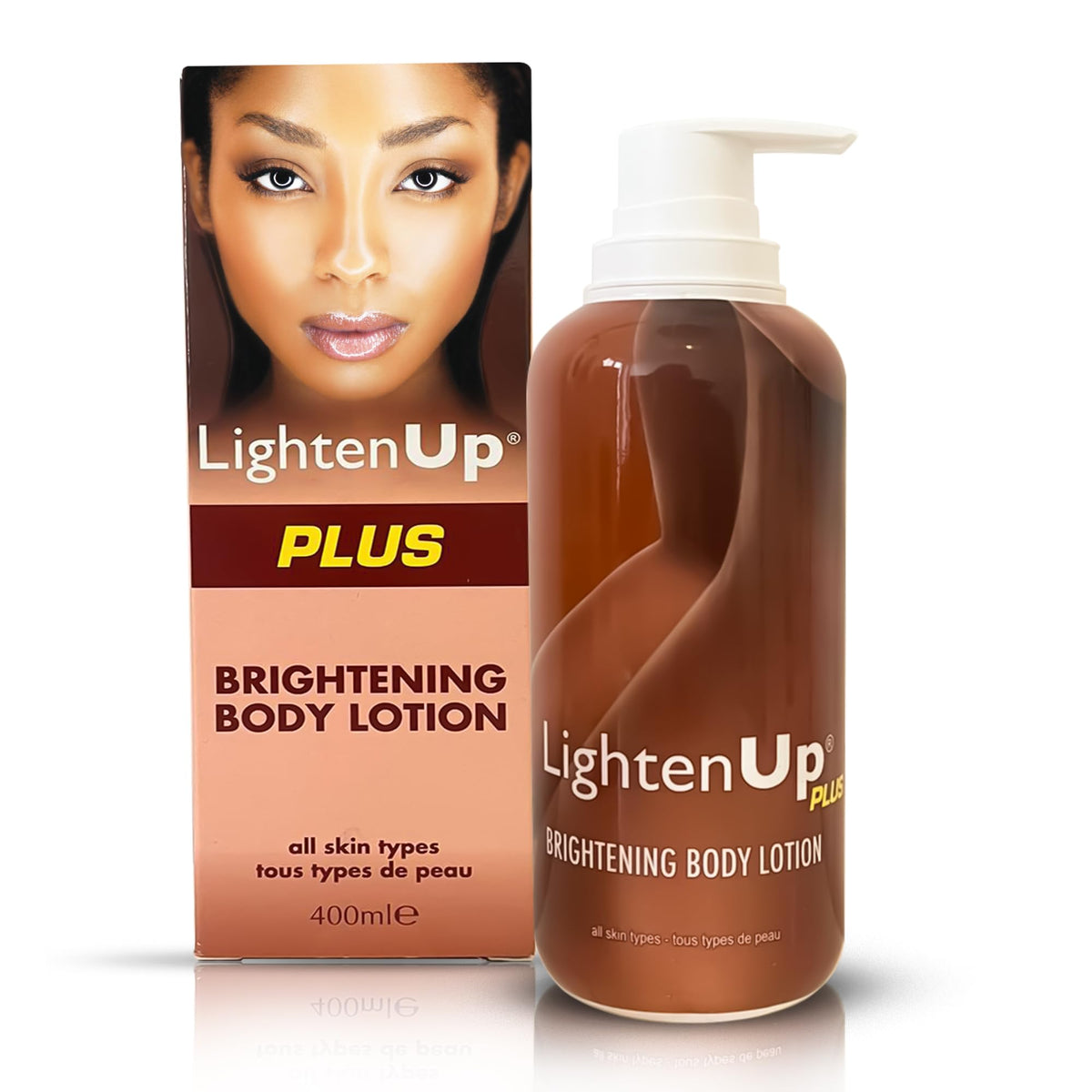 OMIC Lighten-Up lotion bottle demonstrates easy daily moisturizing.