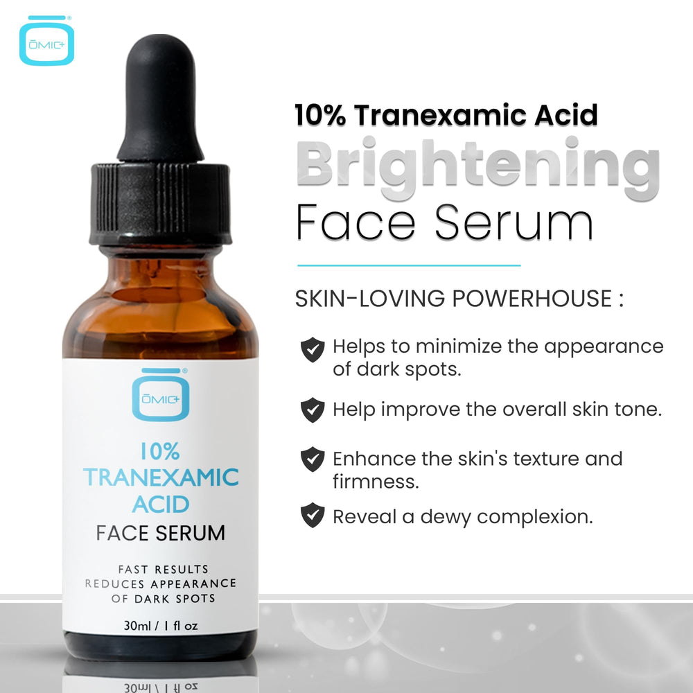 OMIC Tranexamic Serum bottle on vanity suggests ready-to-use skincare routine