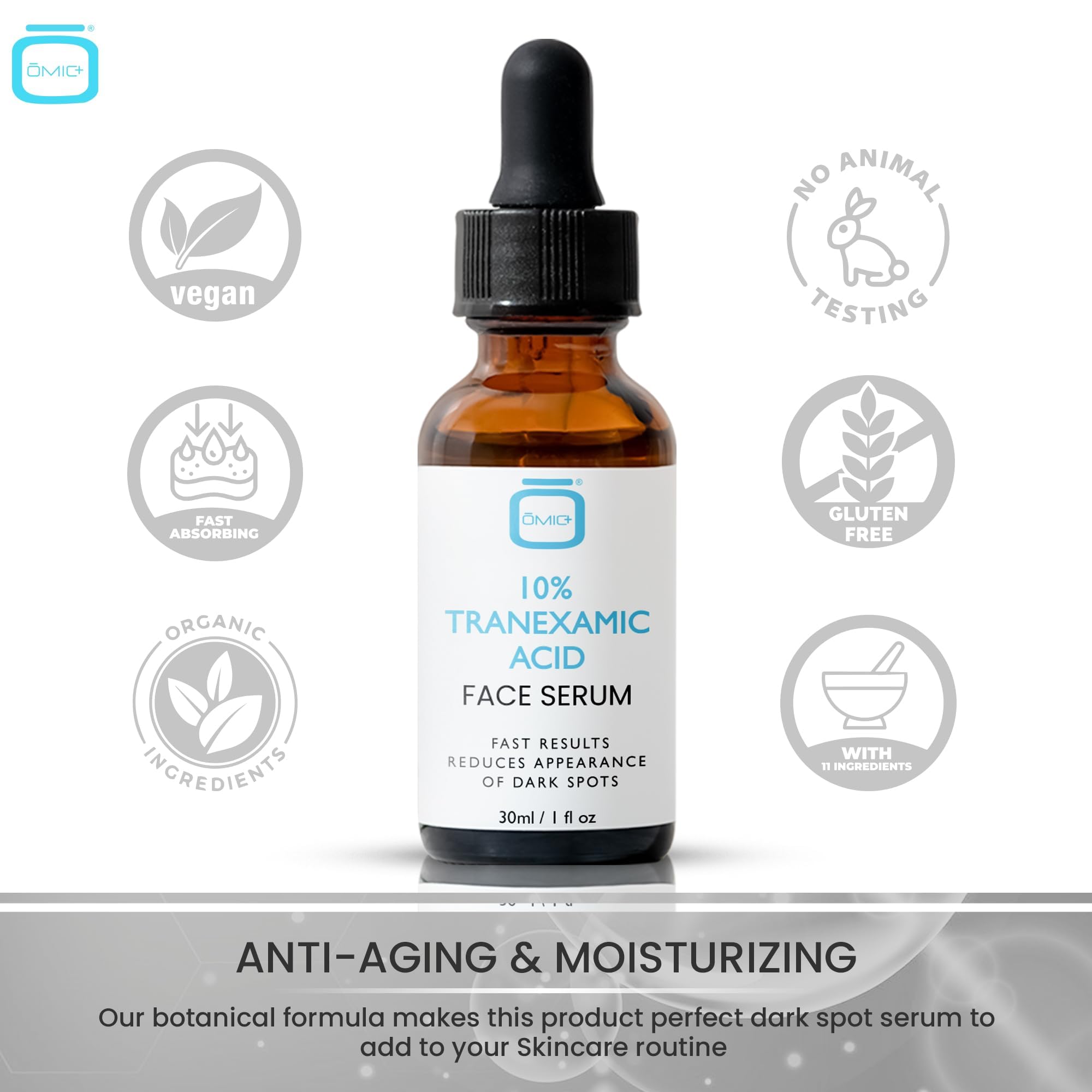 OMIC Tranexamic Serum ingredients closeup highlighting hydrating hyaluronic acid