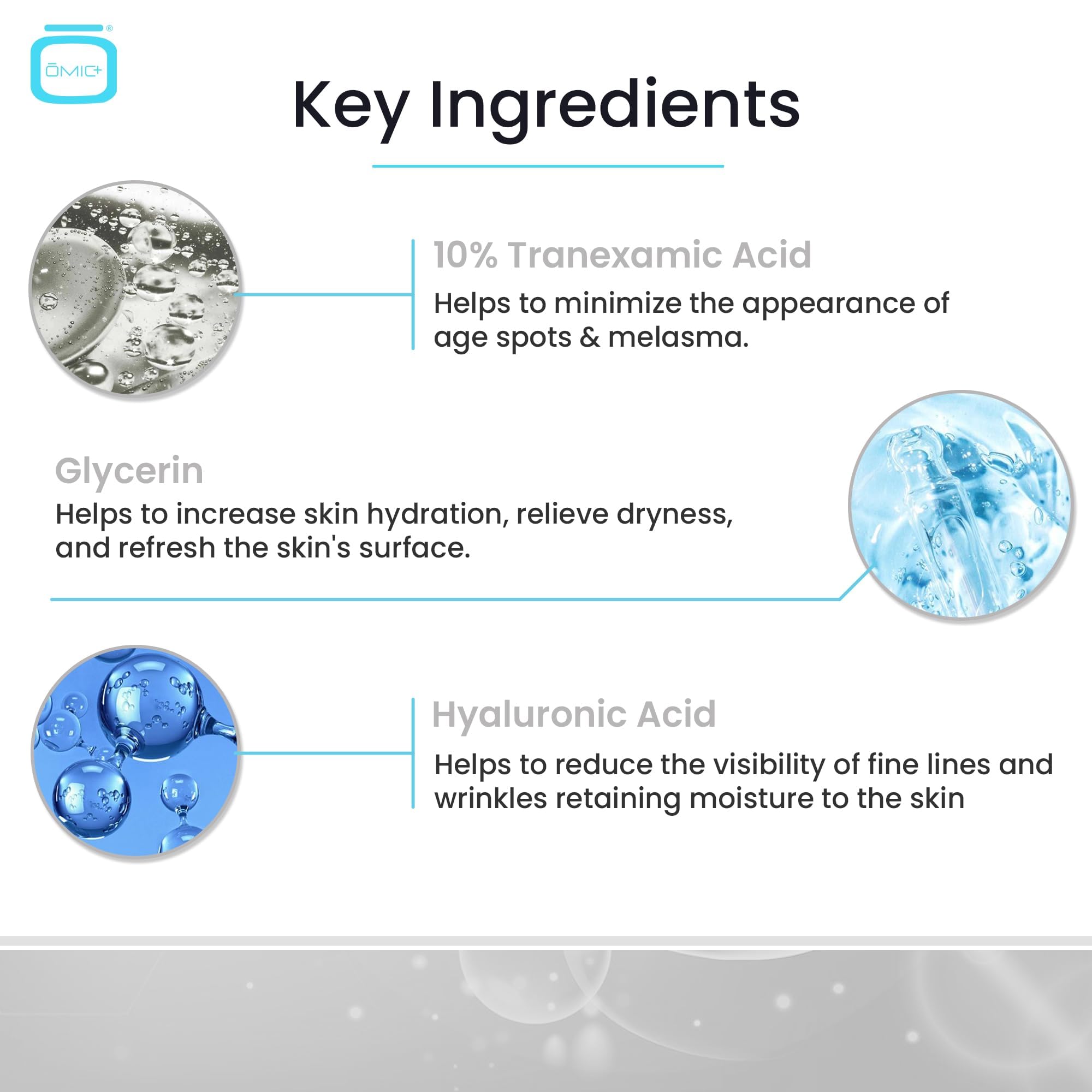 OMIC Tranexamic Serum packaging image emphasizes clean, natural formula