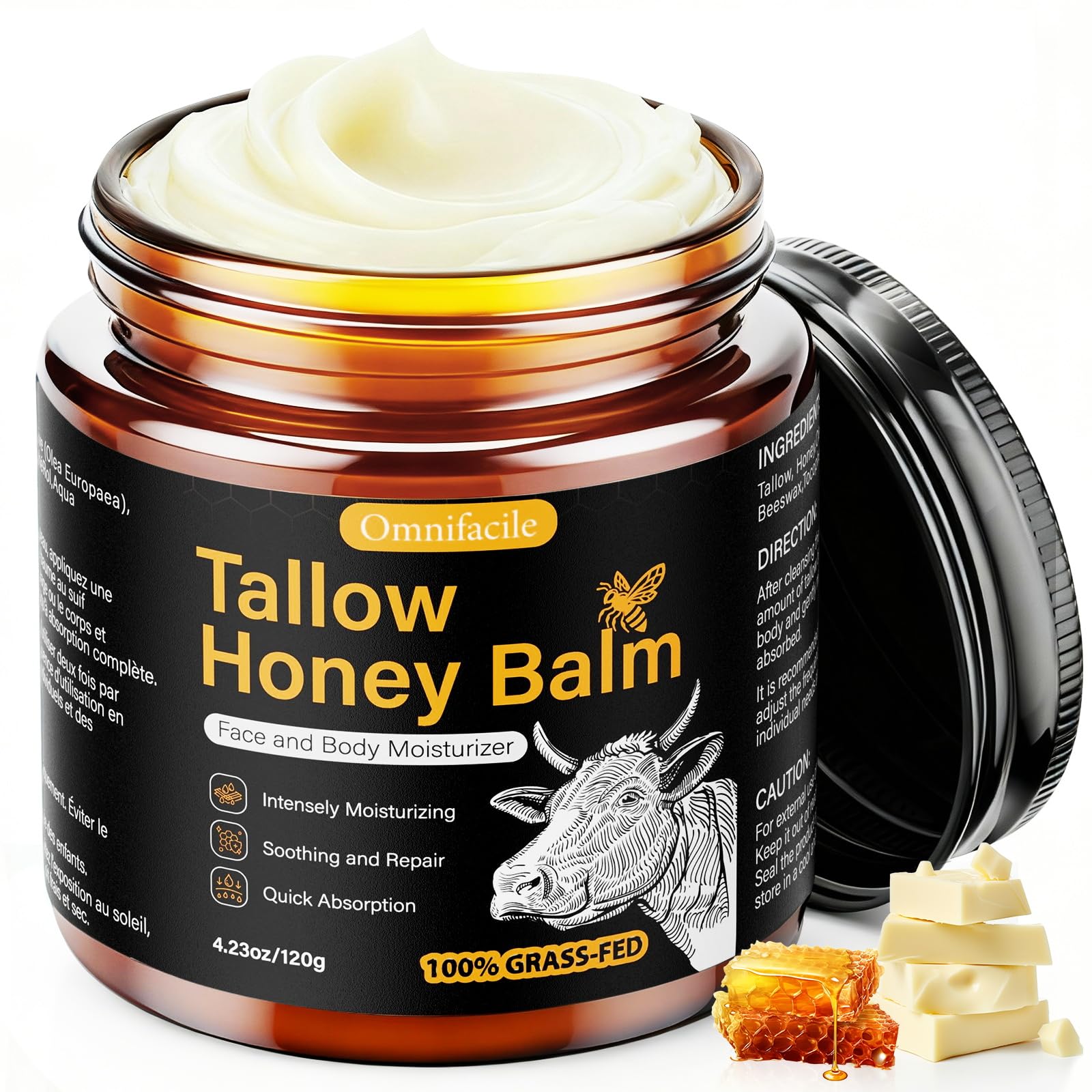 Omnifacile beef tallow honey balm jar closeup showcasing rich hydration for dry skin.