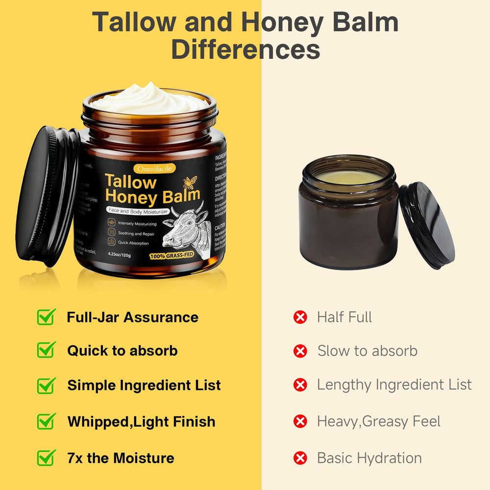 Omnifacile beef tallow honey balm raw honey drop illustrating humectant benefits.