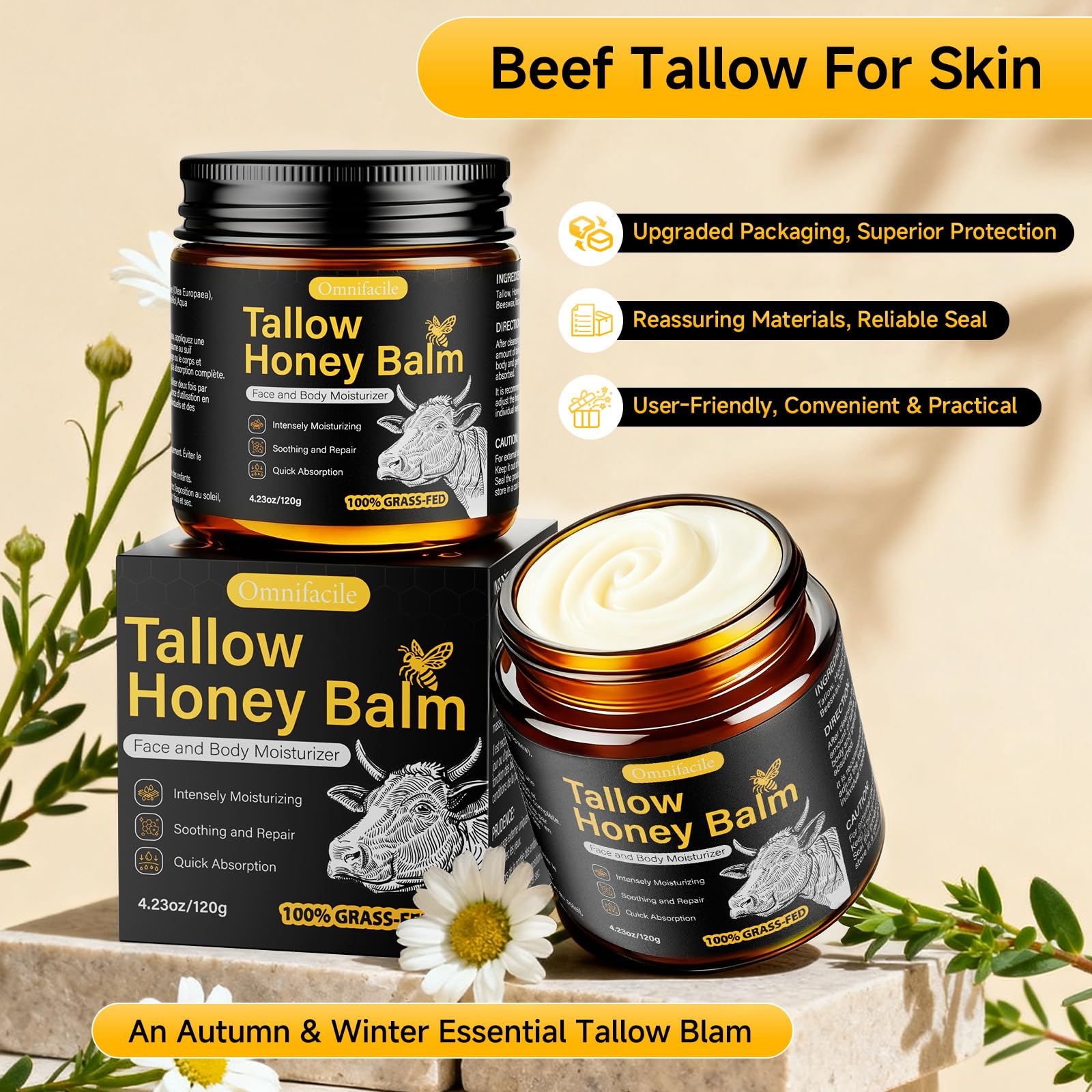 Omnifacile beef tallow honey balm unscented label with clean skincare appeal.
