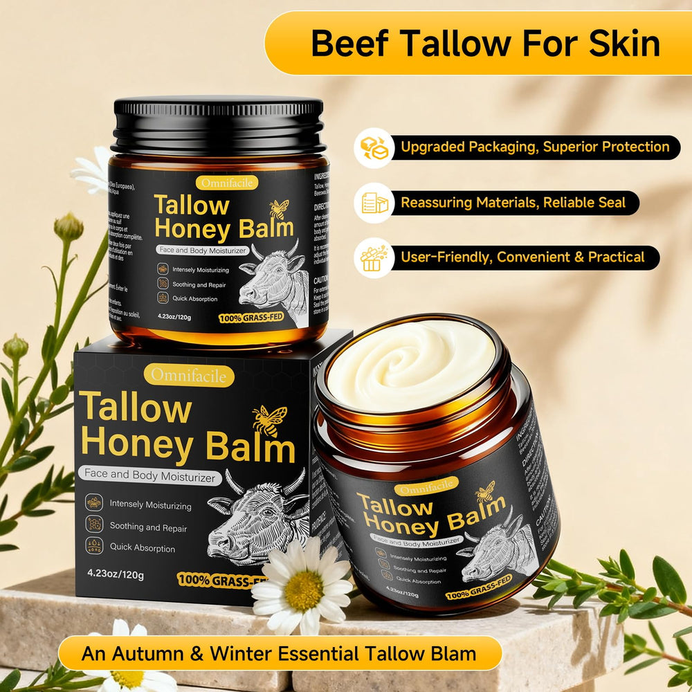 Omnifacile beef tallow honey balm unscented label with clean skincare appeal.