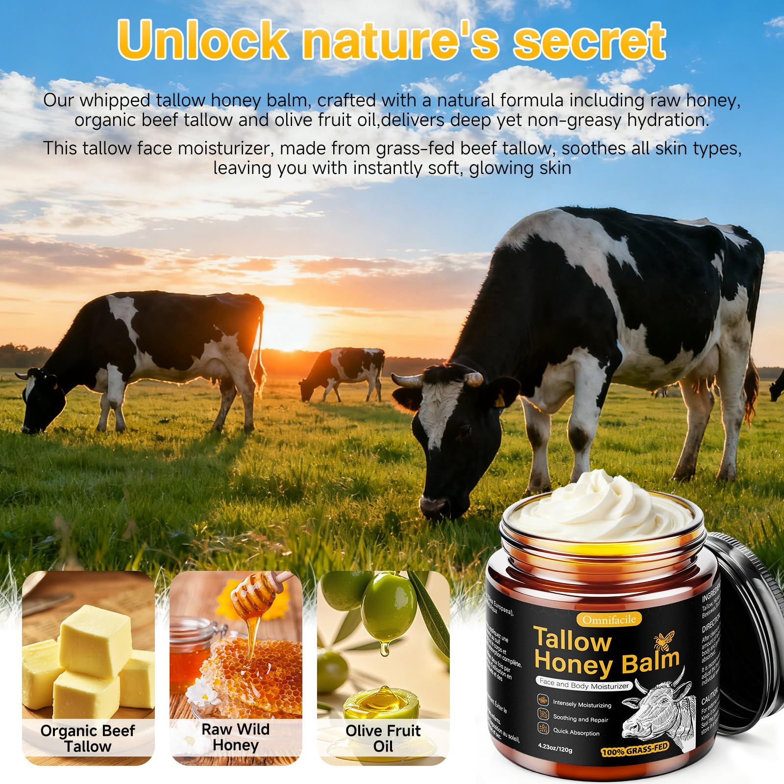 Omnifacile beef tallow honey balm whipped texture showing luxurious face moisturizer.