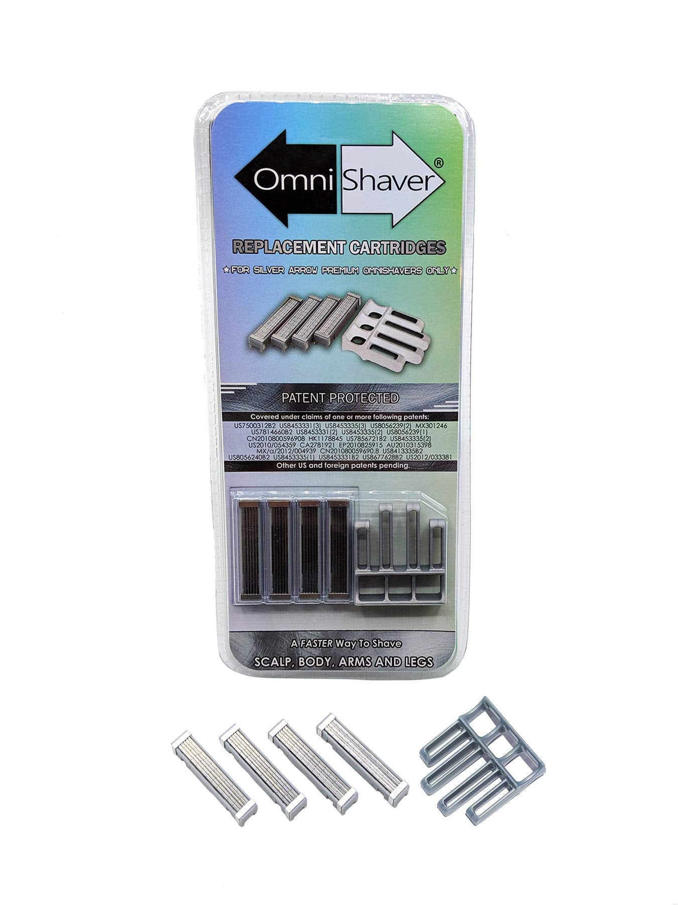 OmniShaver refill-4cartridges shows four blades for extended shaves