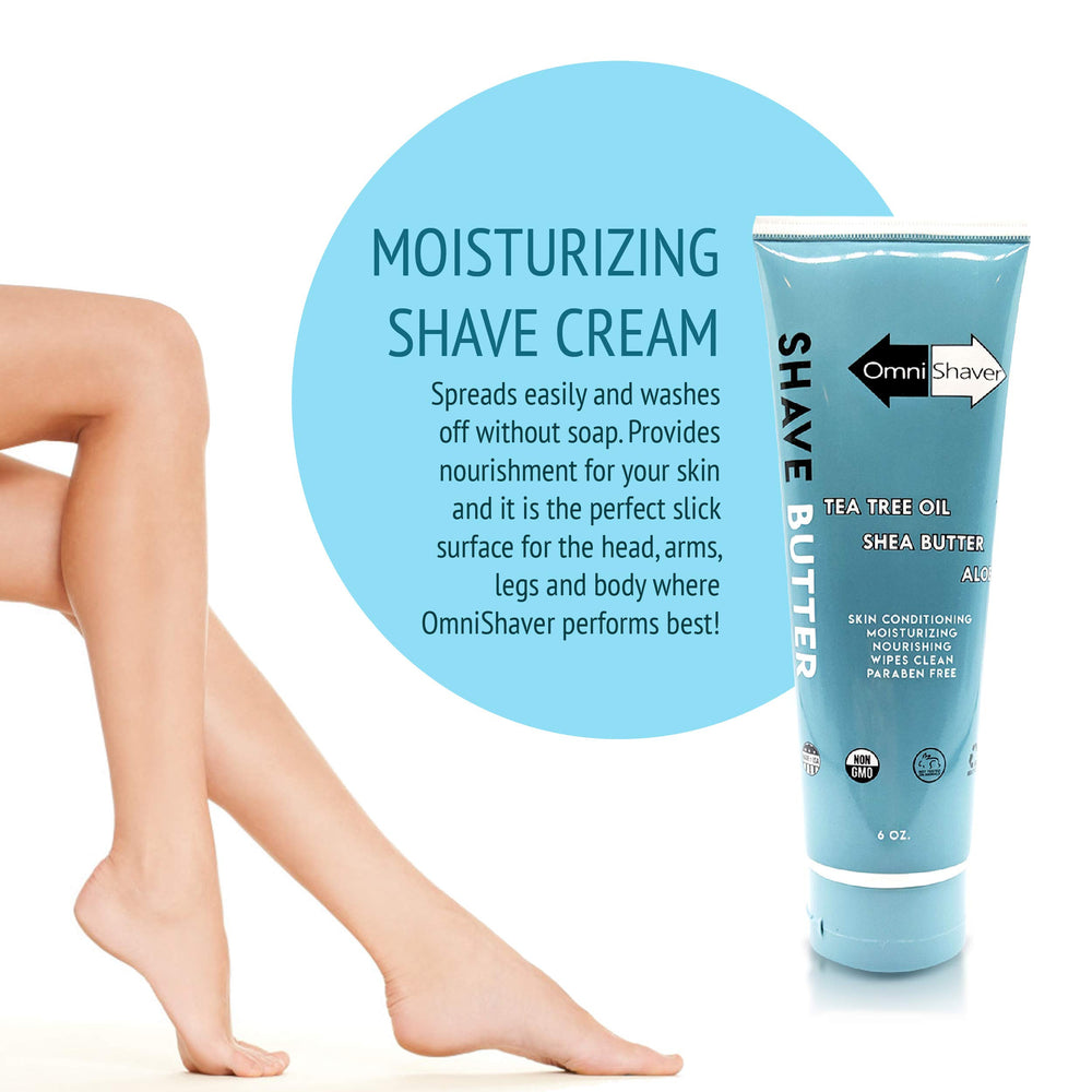 OmniShaver Shave Butter being spread shows easy glide for legs and underarms