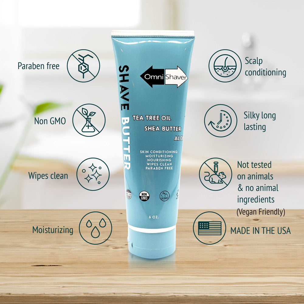 OmniShaver Shave Butter texture close-up shows creamy, slip-rich formula for easy shaving