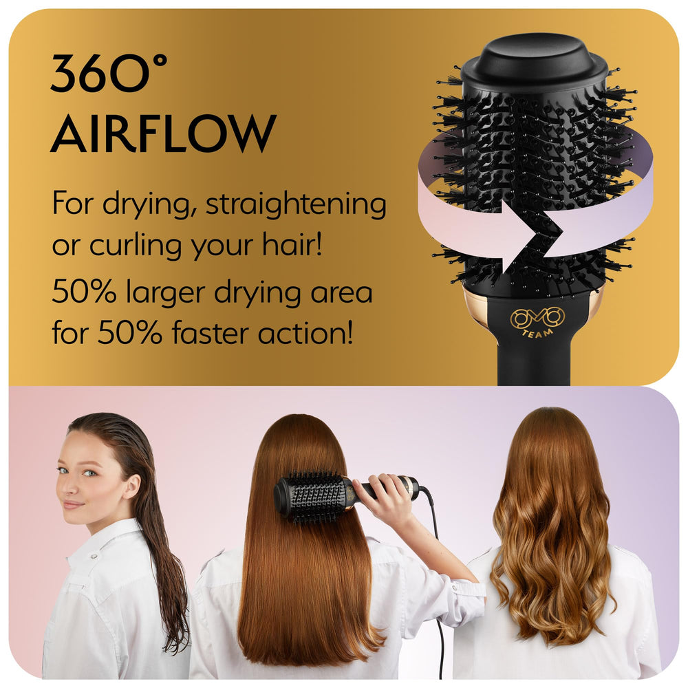 OMOteam ceramic heat dispersion image emphasizes gentle styling and reduced hot spots.