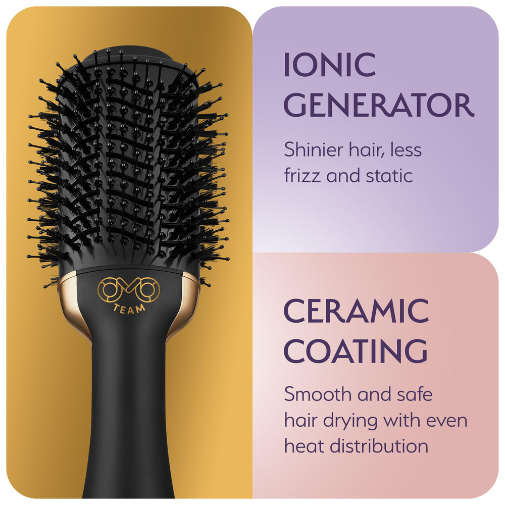 OMOteam ergonomic swivel cord shown for comfortable handling during styling sessions.