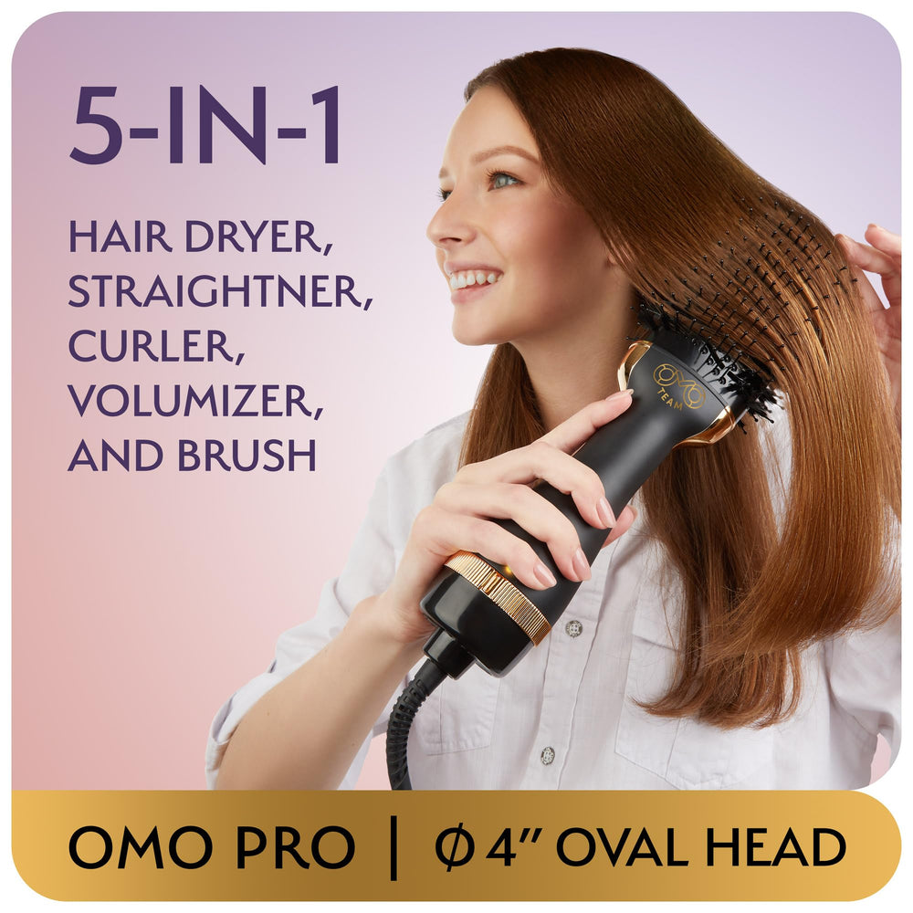 OMOteam hot air brush oval 75mm side profile showing root lift and volumized look.