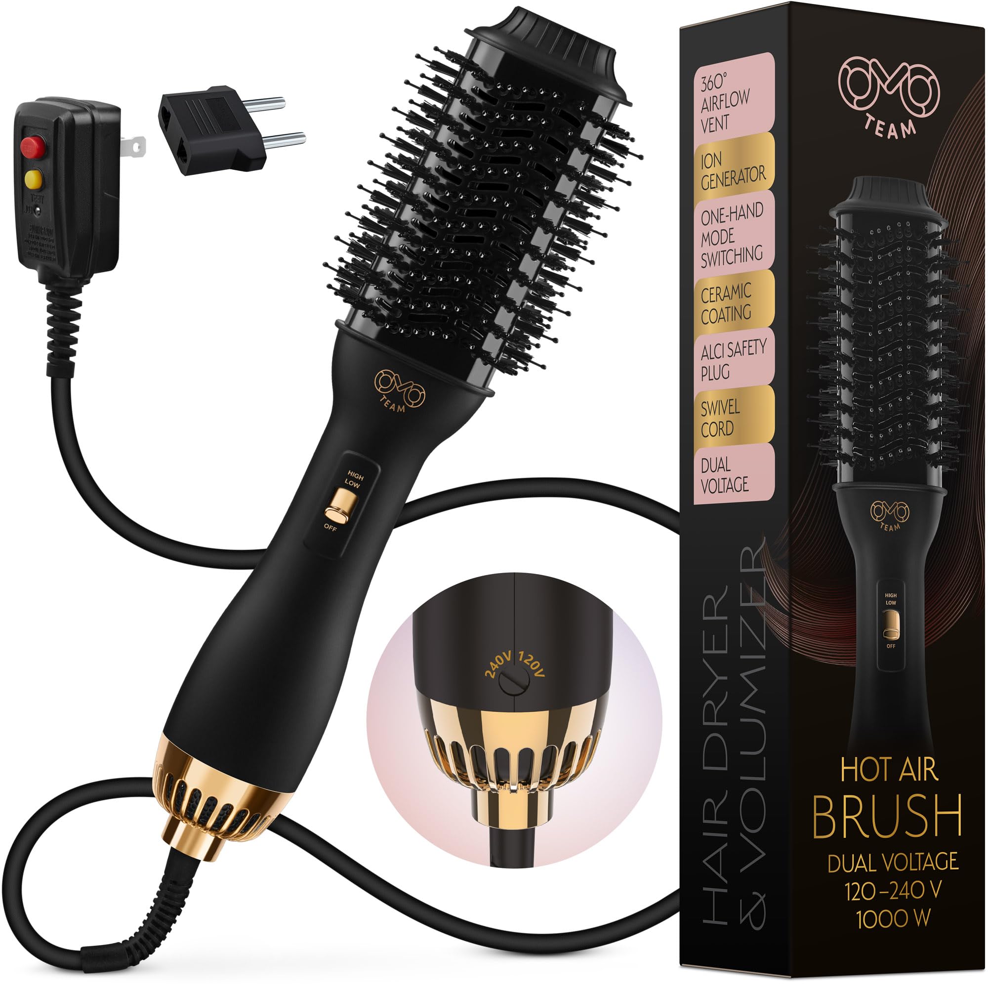 OMOteam professional dual voltage dryer brush oval for smooth travel styling
