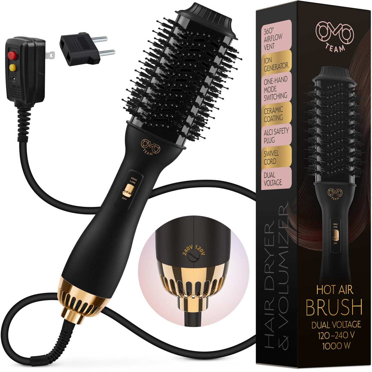 OMOteam professional dual voltage dryer brush oval for smooth travel styling