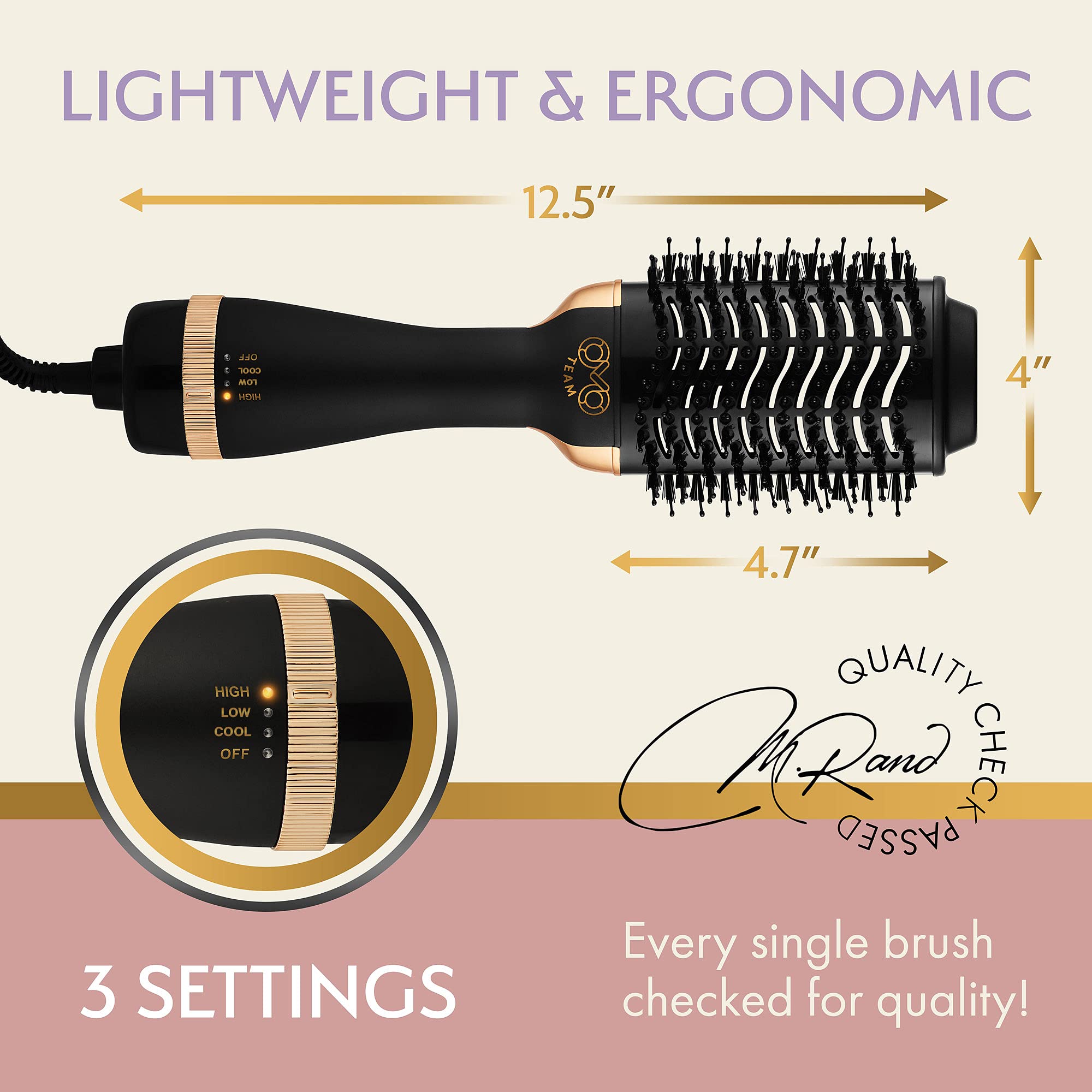 OMOteam root-volumizing oval brush use-case demonstrates wide roots lift.