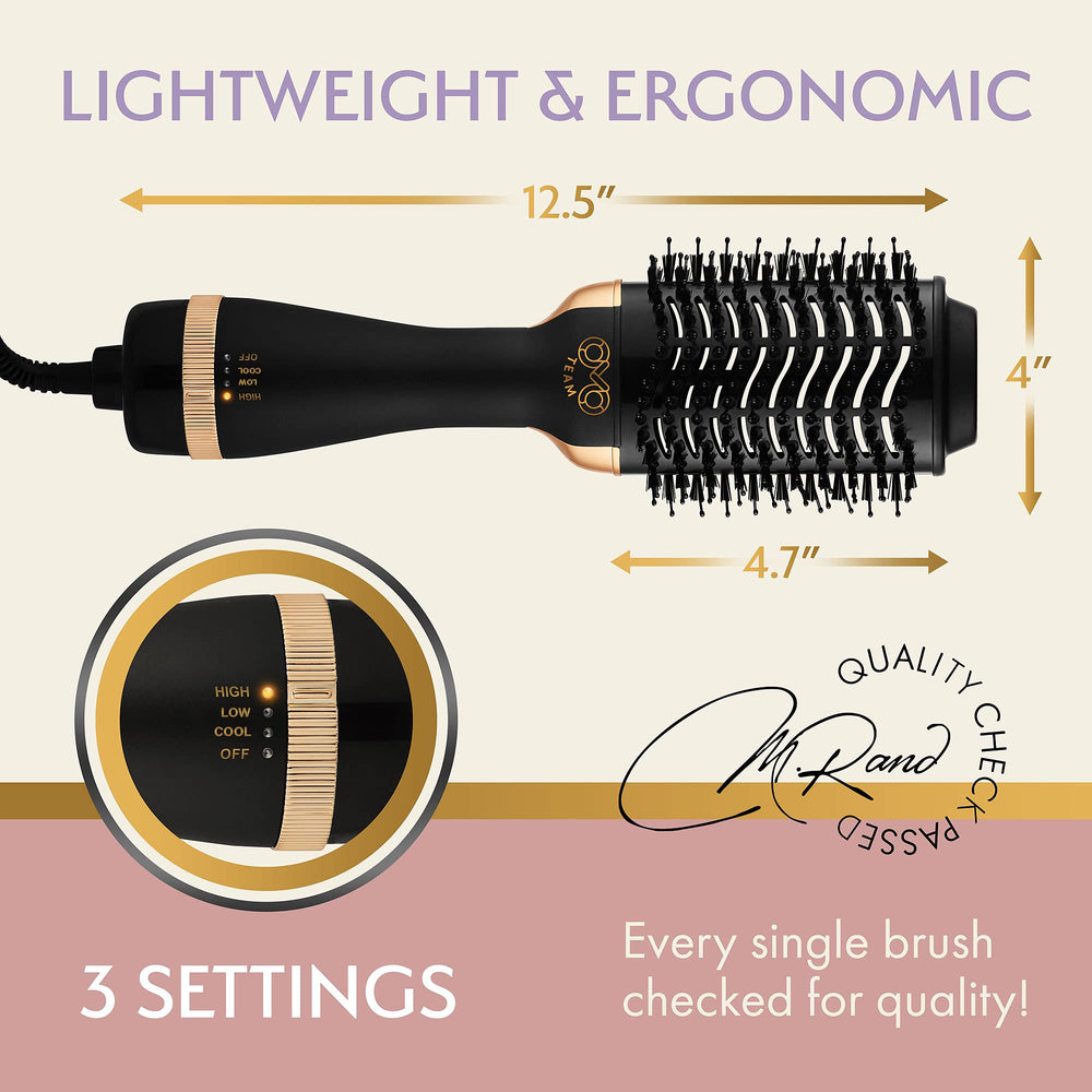 OMOteam root-volumizing oval brush use-case demonstrates wide roots lift.