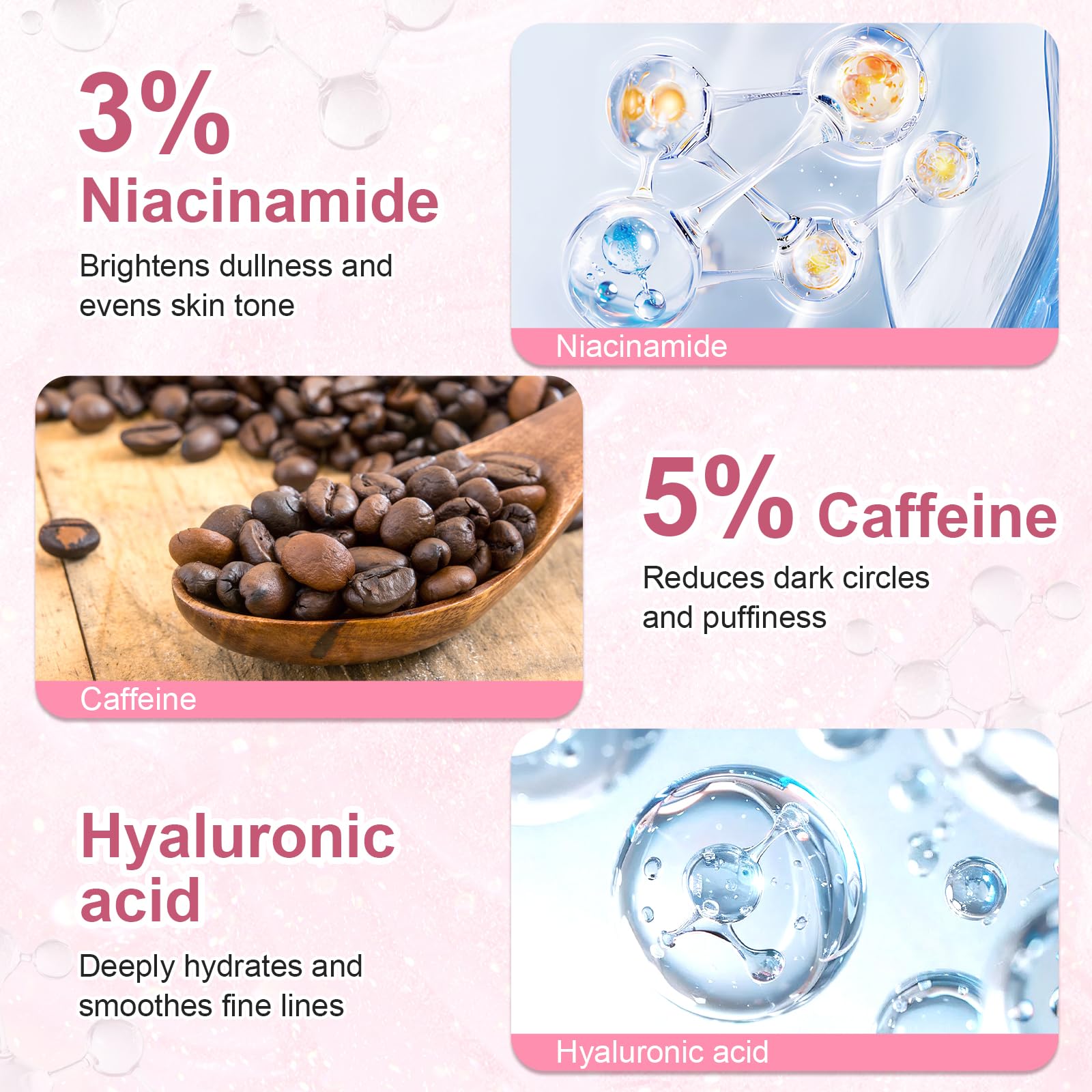 Omplen caffeine eye serum ingredients niacinamide and hyaluronic acid close-up.