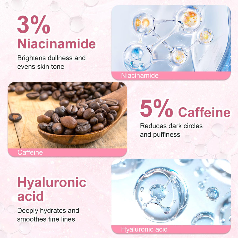 Omplen caffeine eye serum ingredients niacinamide and hyaluronic acid close-up.