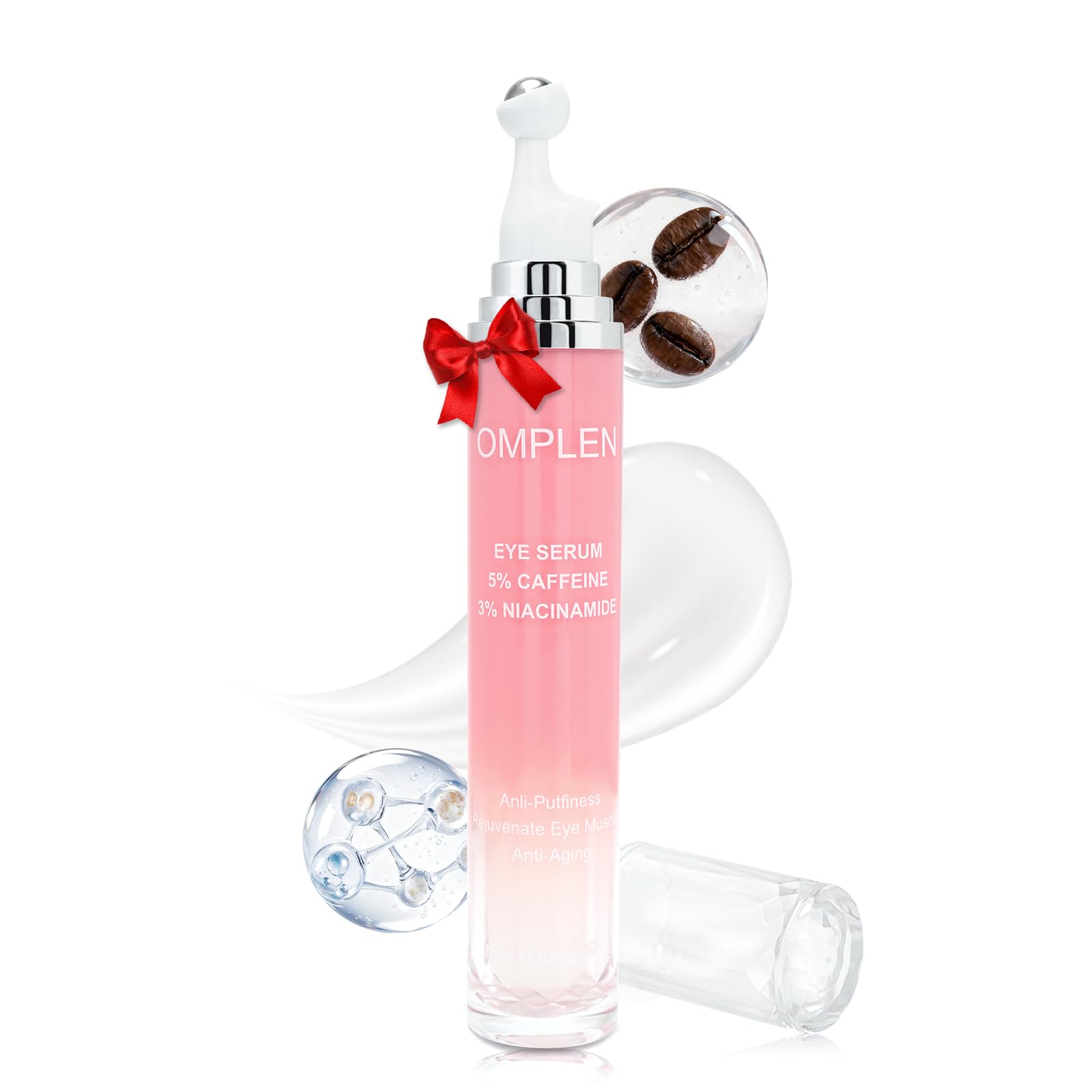 Omplen caffeine eye serum rollerball close-up showing cooling relief for tired eyes.
