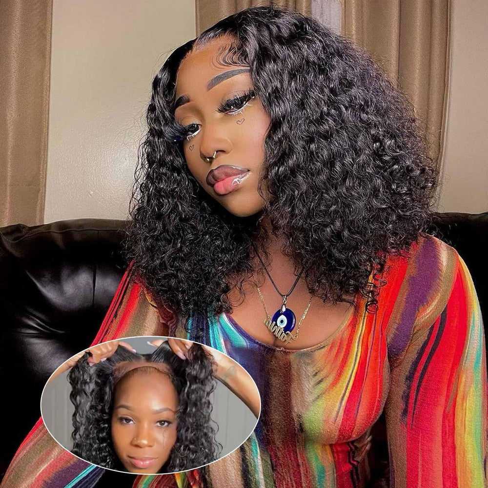Omswet curly bob wig 14inch lace-closure close-up showing seamless blend and natural part.