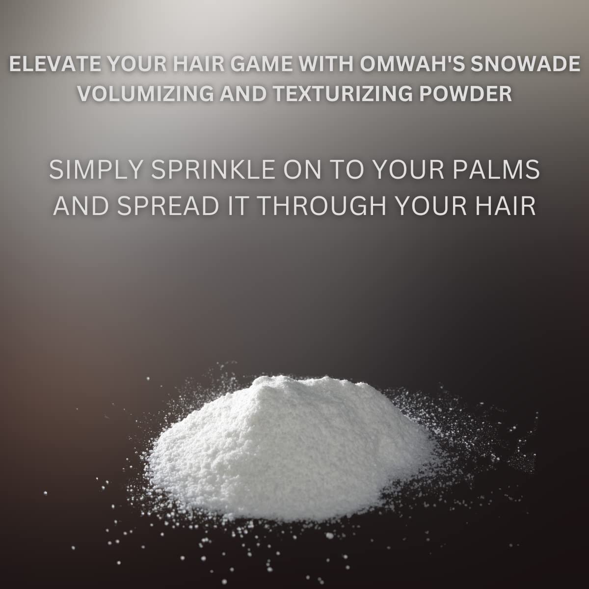 OMWAH Snowade no-oily-residue formula shown on hair for a clean finish.