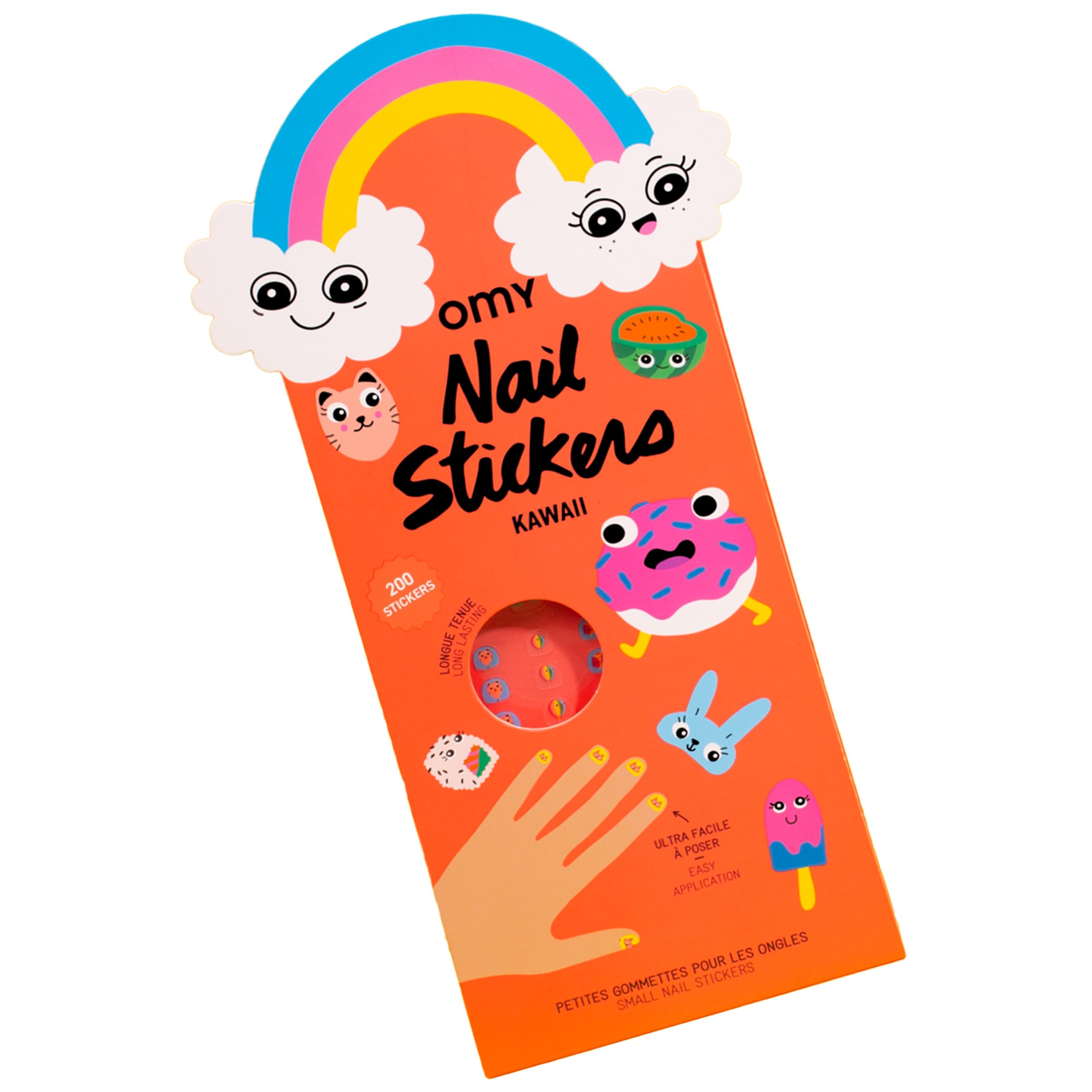 Omy Kawaii nail stickers pack front with 200 playful designs for quick, mess-free nail art.