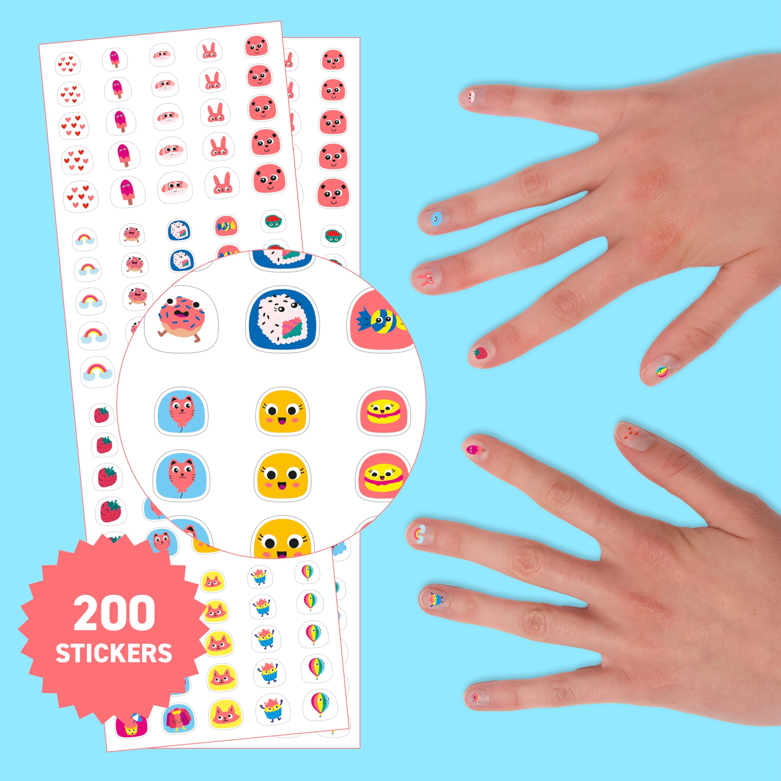 Omy Kawaii nail stickers assortment featuring varied kawaii characters and colors.