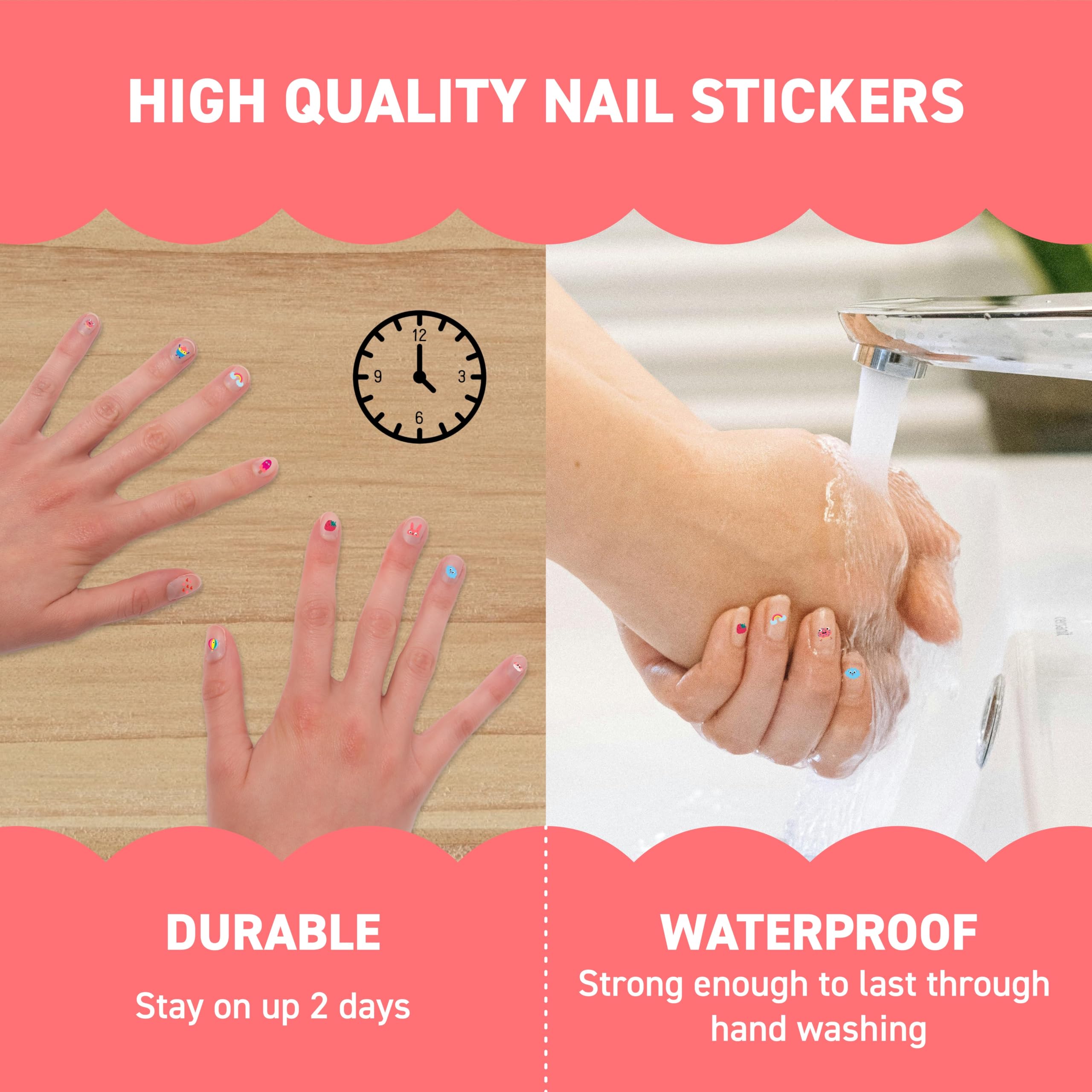 Omy nails stickers stay put through washing for long-lasting color.