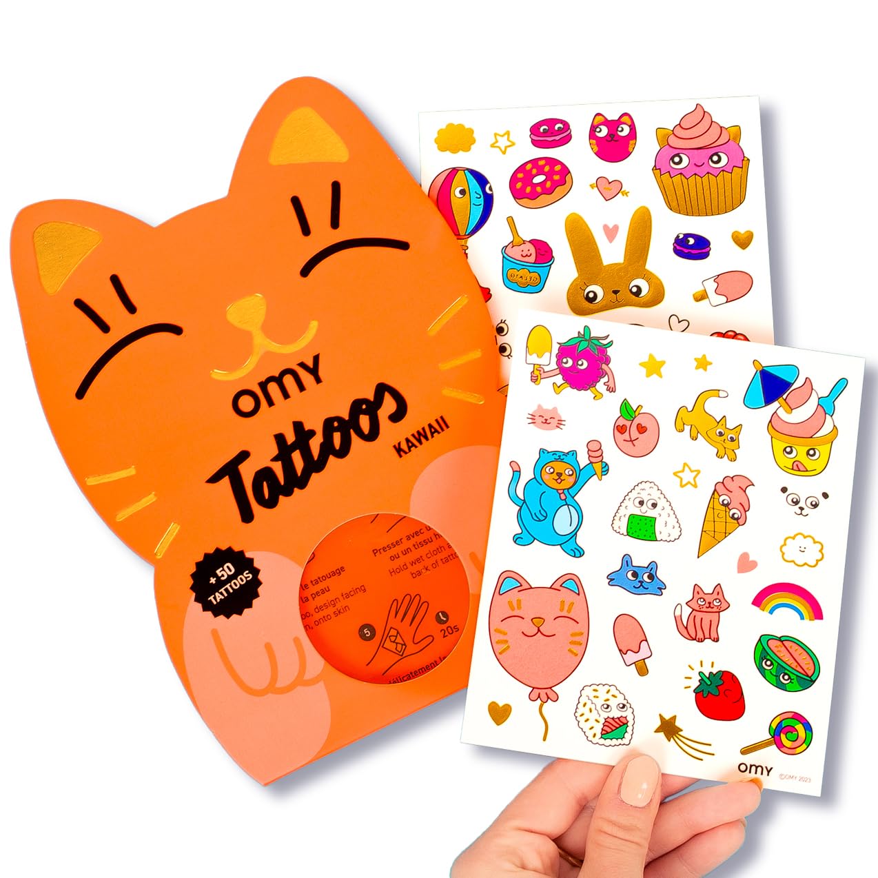 Omy Kawaii tattoos pack front cover shows 50 colorful designs for kids' party fun