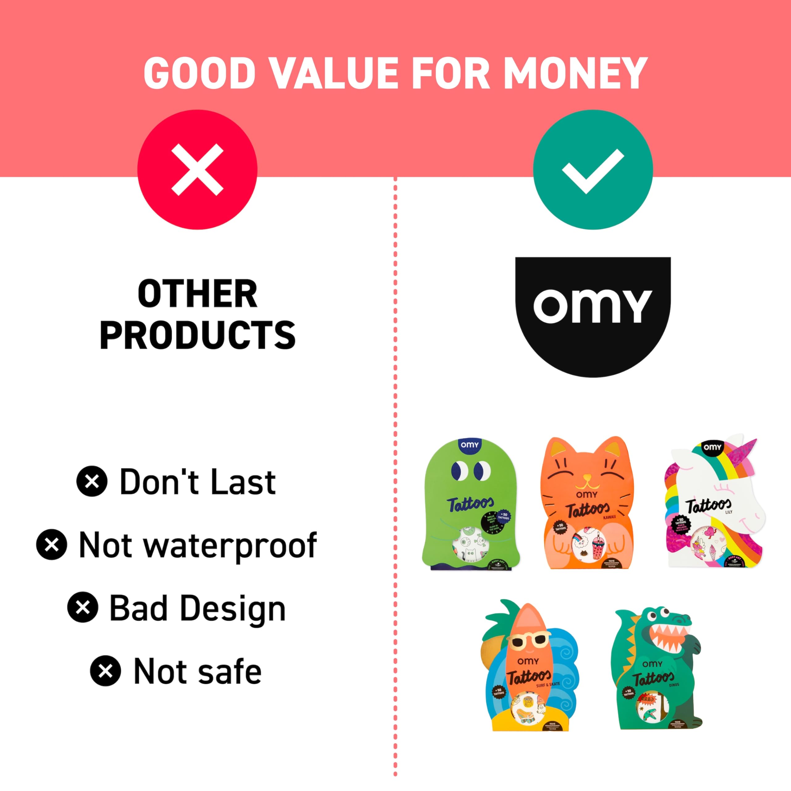 Omy Kawaii tattoos dermatologically tested and skin-friendly for ages 3 and up