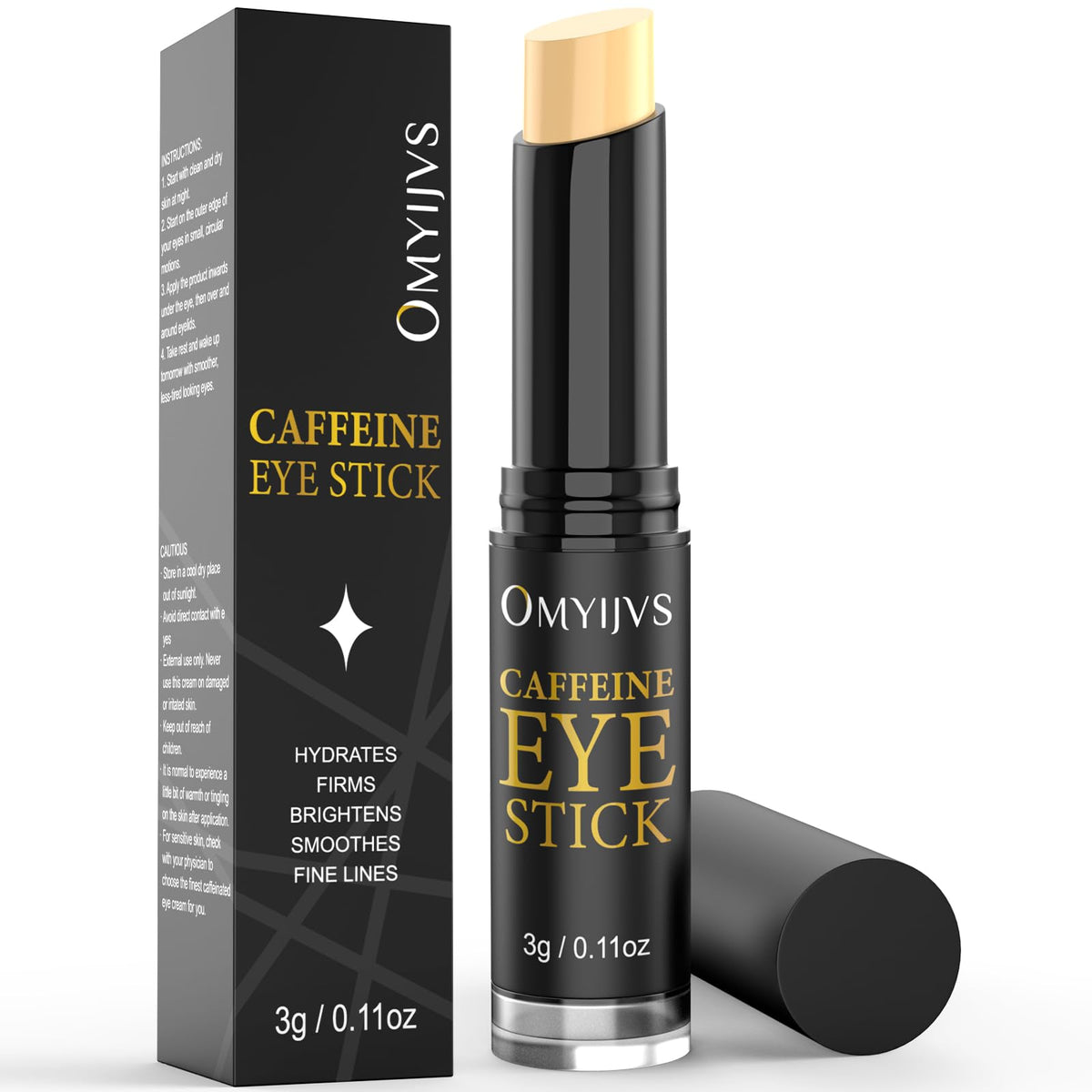 OMYIJVS Caffeine Eye Stick packaging shows an easy-to-use cooling eye treatment
