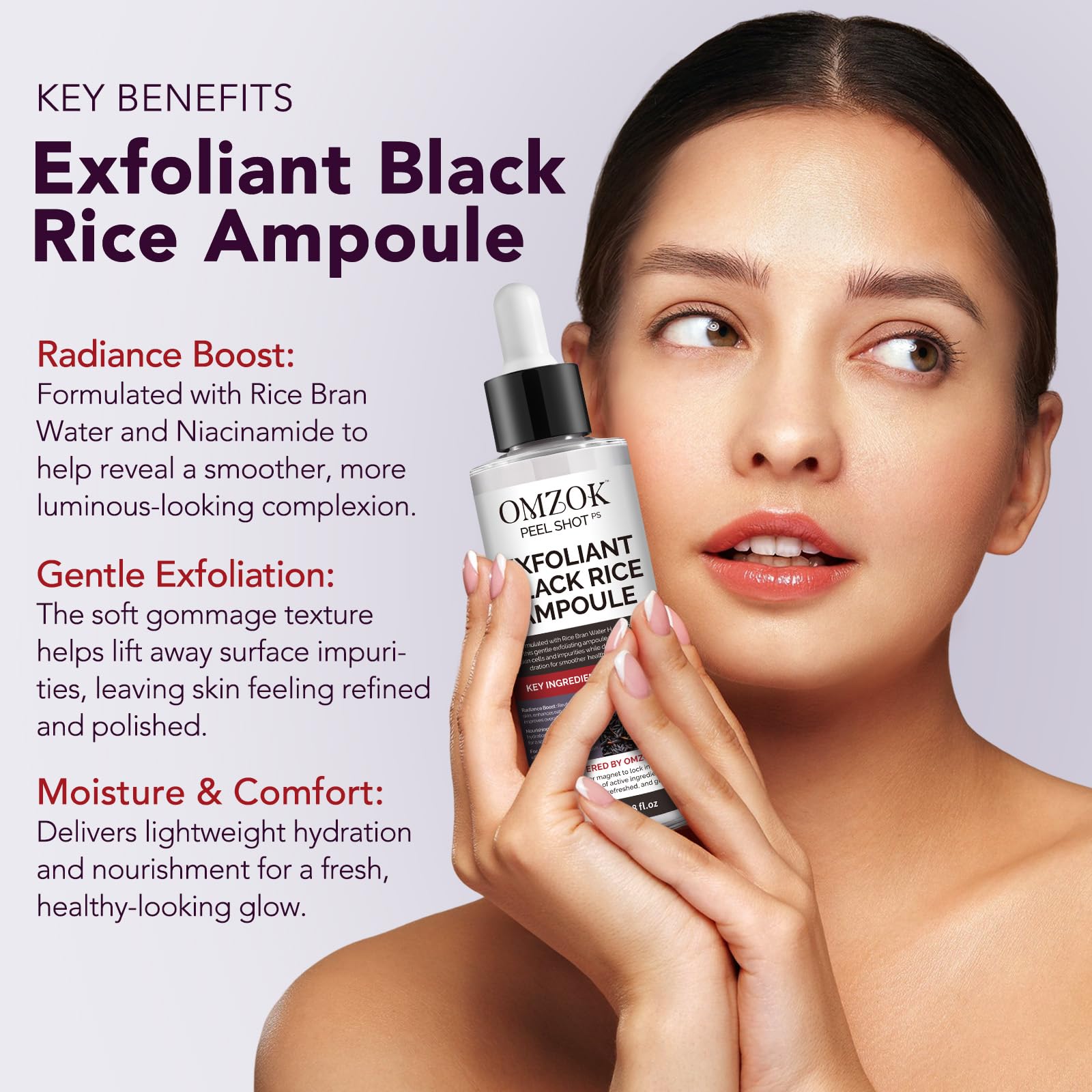 OMZOK Hyaluronic Acid Serum bottle provides hydrating moisture for refreshed skin.
