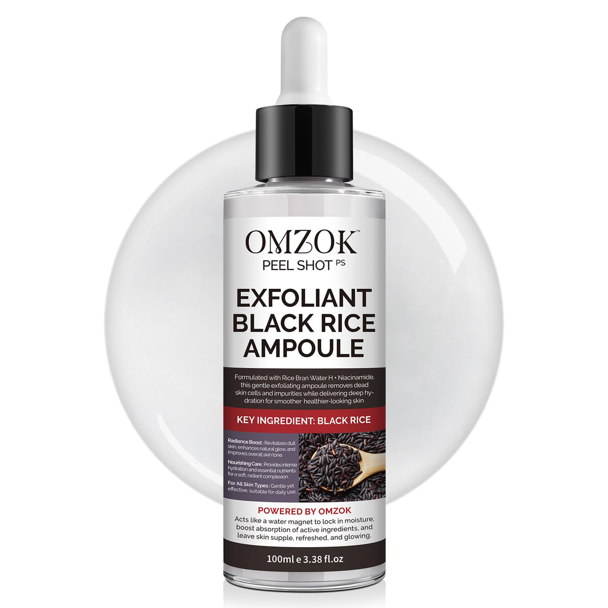OMZOK Peel Shot Glow Rice Ampoule bottle displaying glow-boosting effects for the skin.