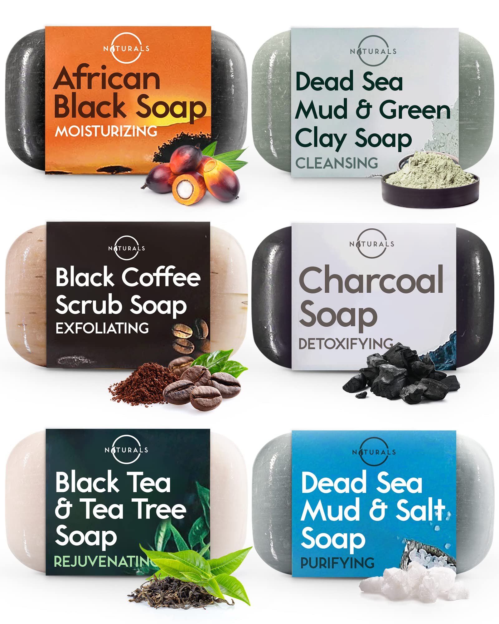 O NATURALS gift-set box featuring six black soap bars for at-home spa routines.