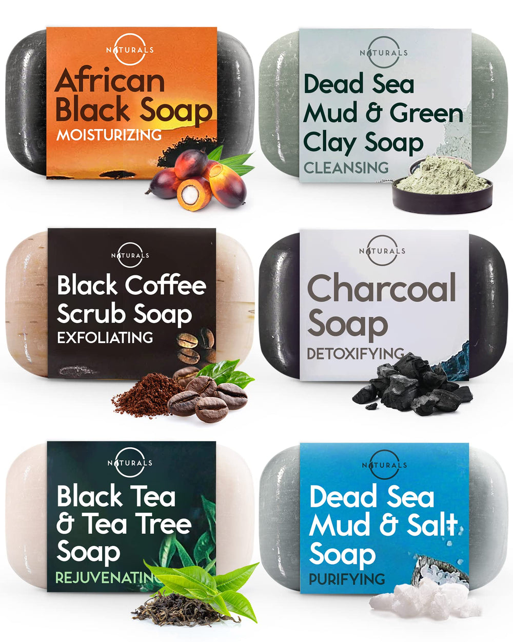 O NATURALS gift-set box featuring six black soap bars for at-home spa routines.