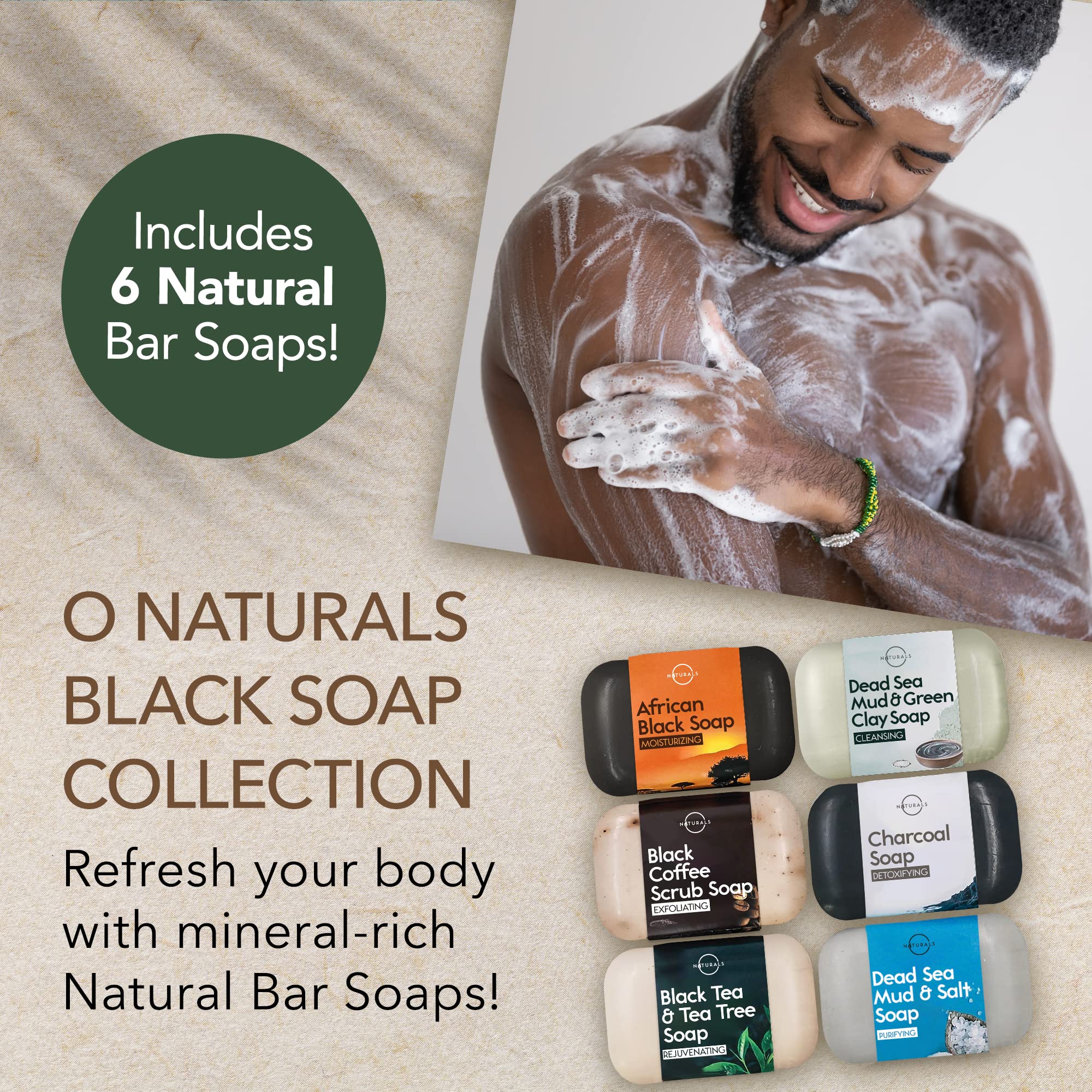 O NATURALS charcoal soap close-up showcasing detoxifying formula for refreshed skin.