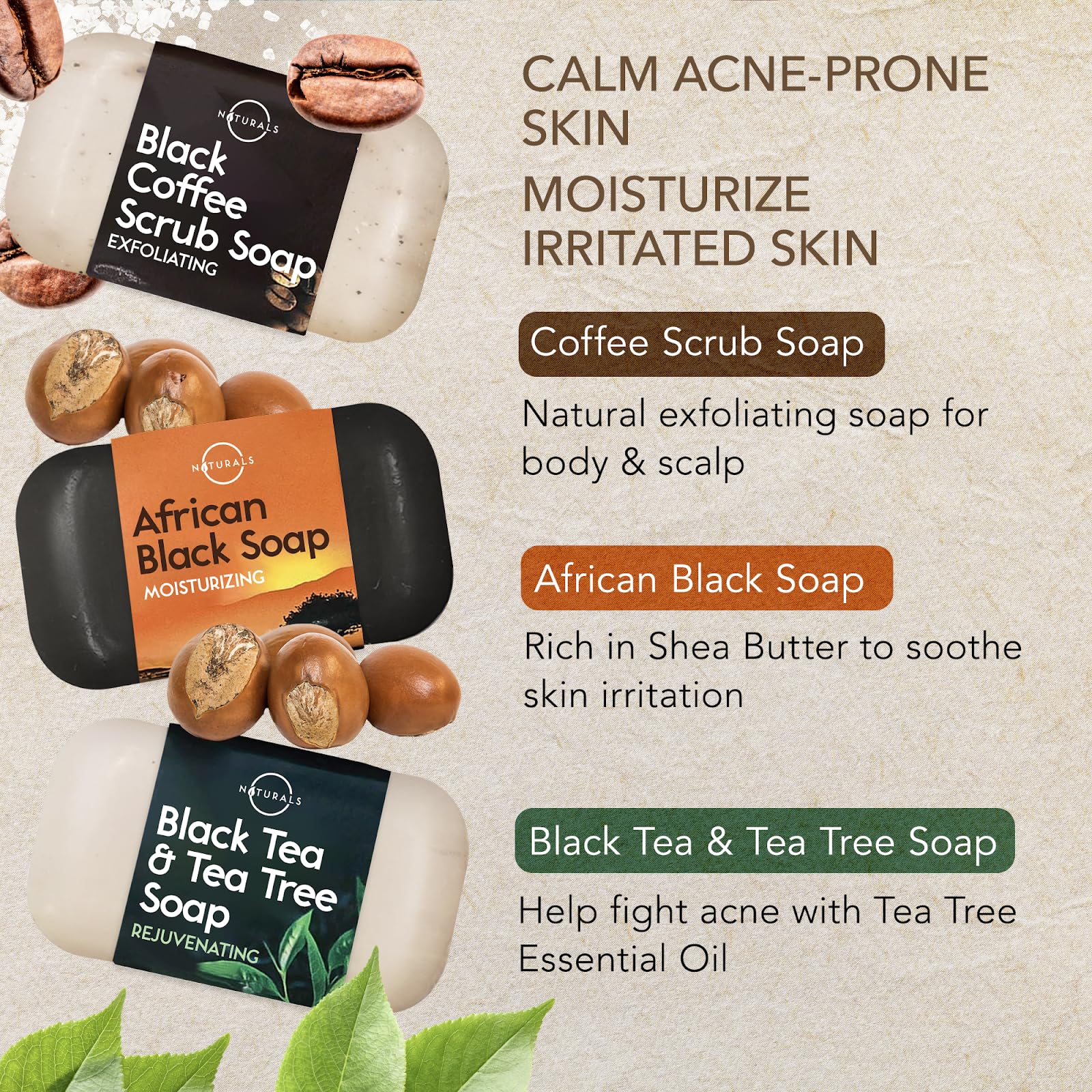 O NATURALS coffee soap texture for exfoliation and morning wake-up cleanse.