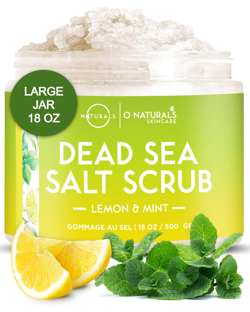 O Naturals exfoliating lemon oil scrub bottle shows bright, refreshing exfoliation for smoother skin