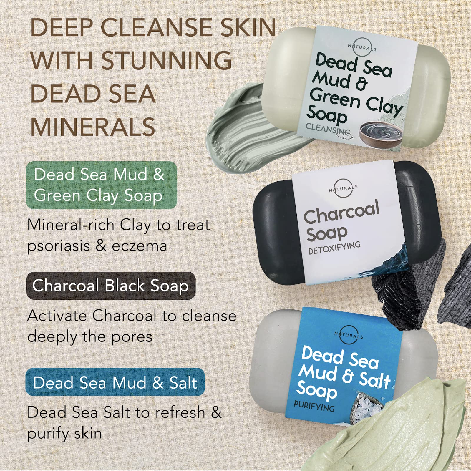 O NATURALS tea tree soap bar showing rejuvenating cleansing and refreshing skin feel.