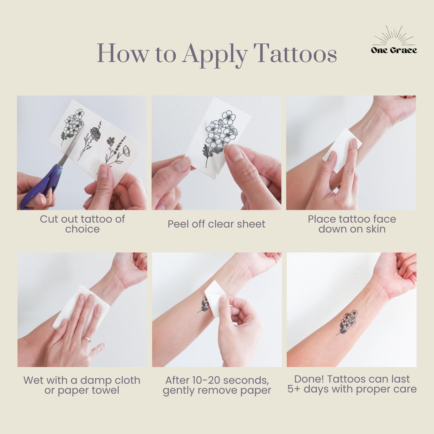One Grace Blessed tiny-sized tattoos fit wrists, collarbones, and ankles