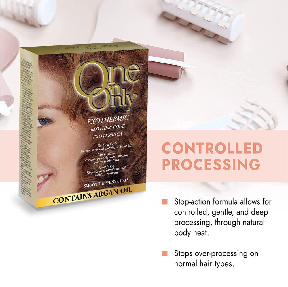 One 'N Only Exothermic Perm kit application scene shows damp hair wrapped for consistent results.