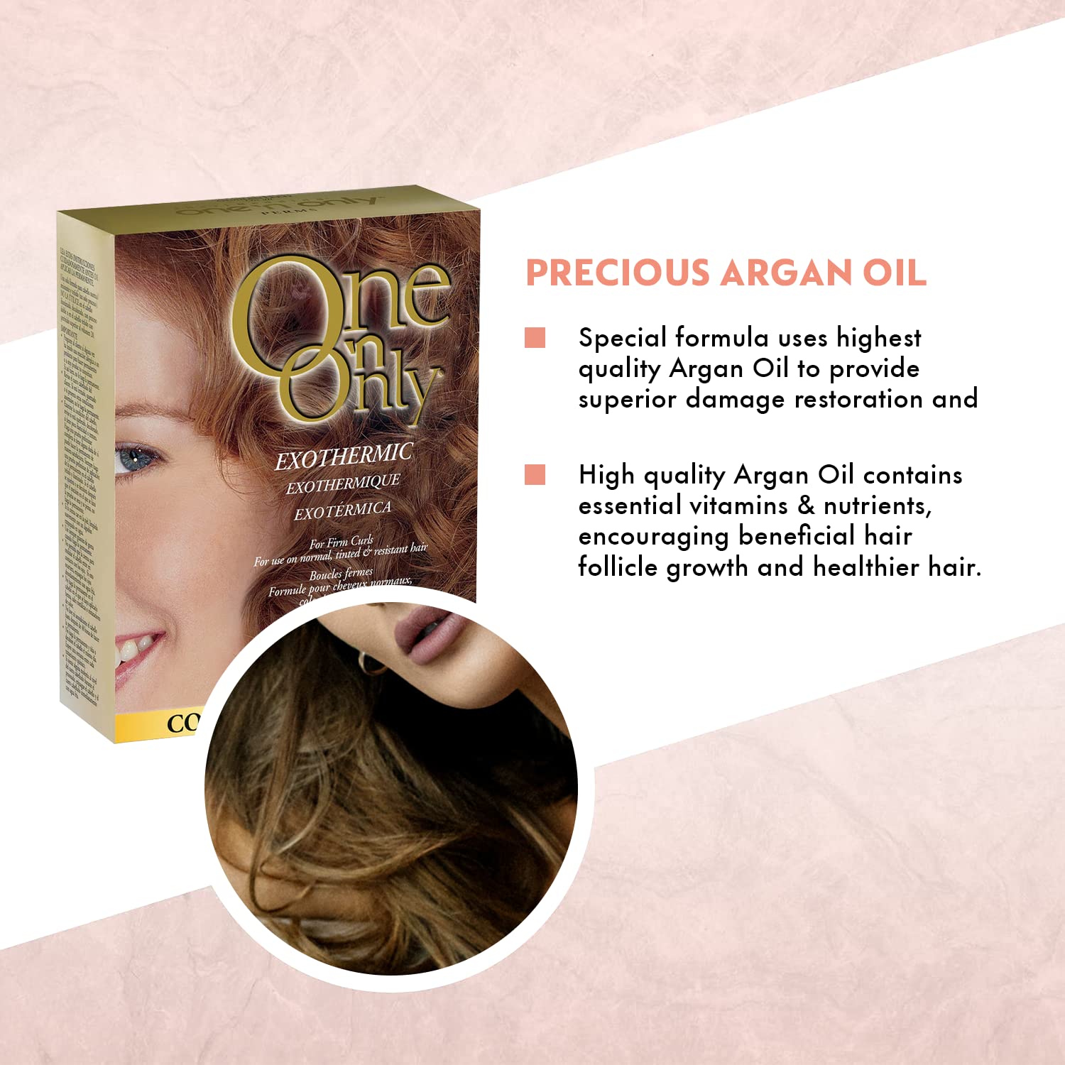One 'N Only Exothermic Perm kit mix demonstrates self-heating activation for comfortable curl formation.