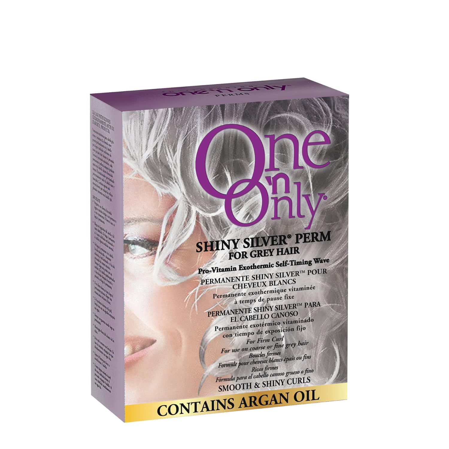 One 'N Only Shiny Silver Perm Kit box front highlights self-heating perm for gray hair.