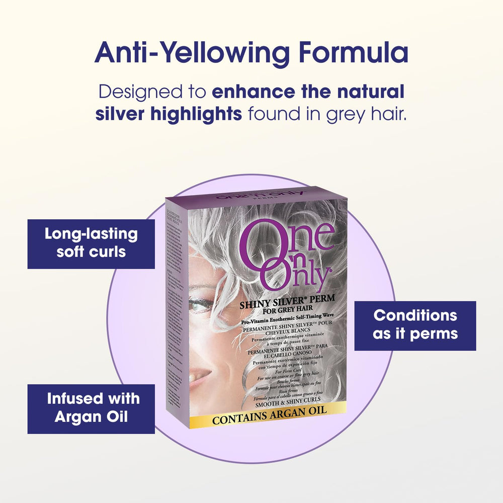 One 'N Only Shiny Silver Perm Kit gray hair results with natural soft curls.