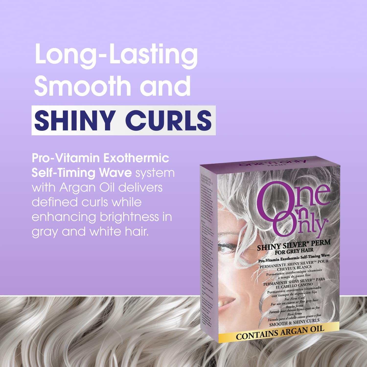One 'N Only Shiny Silver Perm Kit ingredients bottle shows argan oil for nourished curls.
