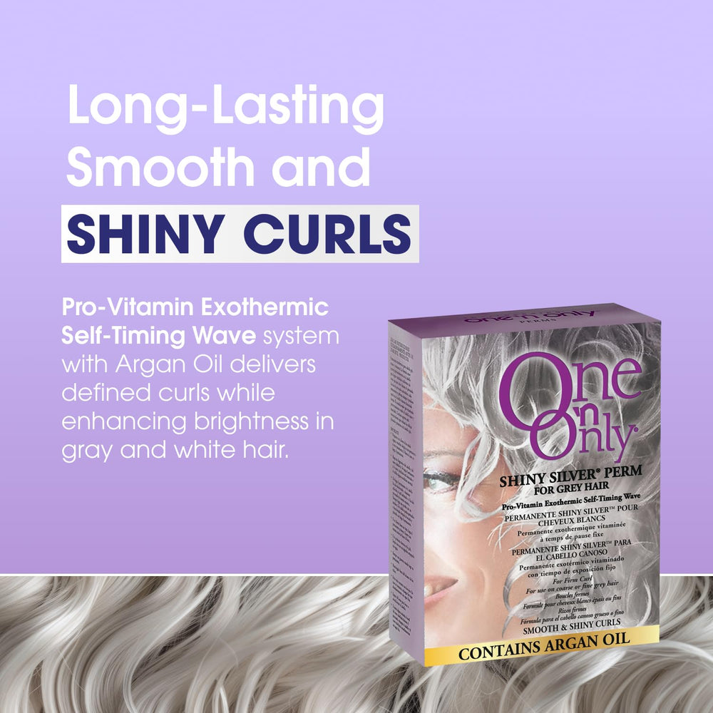 One 'N Only Shiny Silver Perm Kit ingredients bottle shows argan oil for nourished curls.