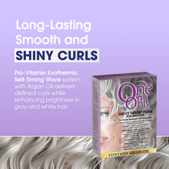 One 'N Only Shiny Silver Perm Kit ingredients bottle shows argan oil for nourished curls.