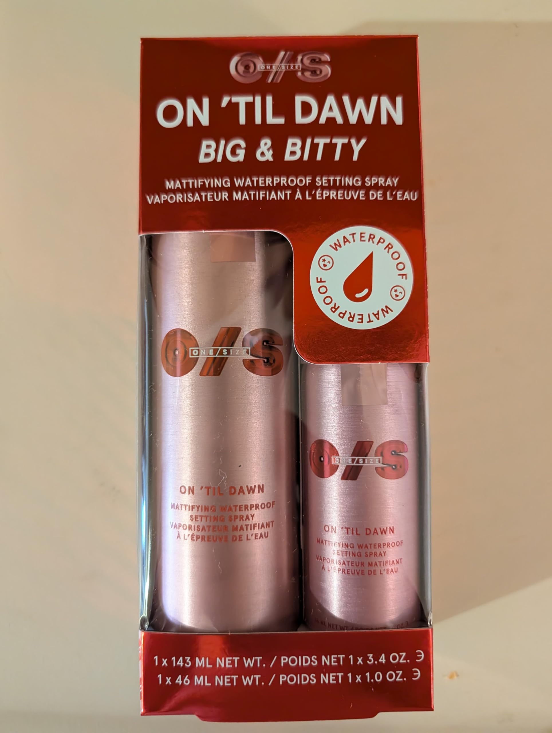 One Size On ’Til Dawn matte-finish mist for lightweight, shine-reducing makeup setting.