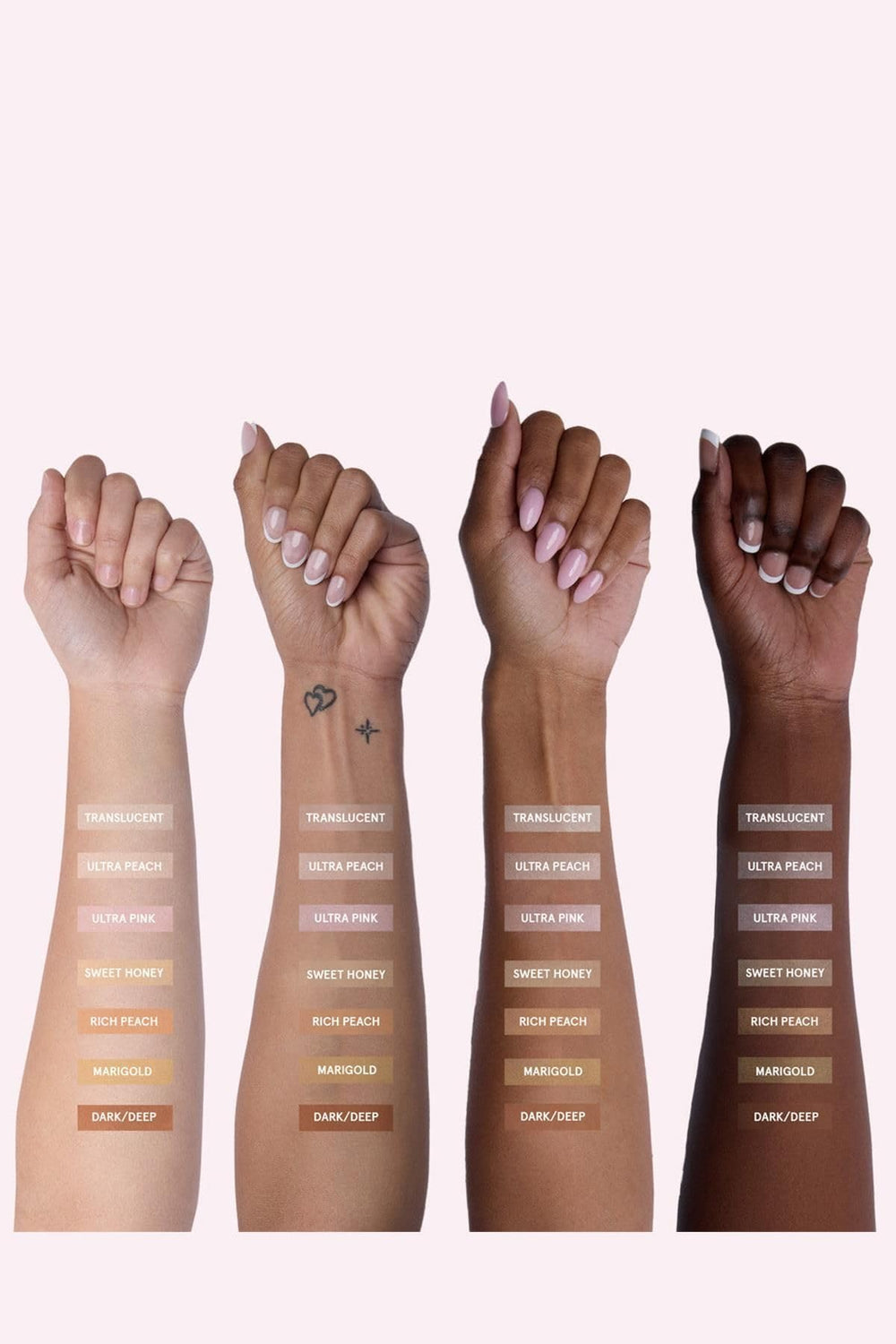 One Size Ultimate Blurring Setting Powder seven shade swatches illustrate inclusive range for diverse tones.