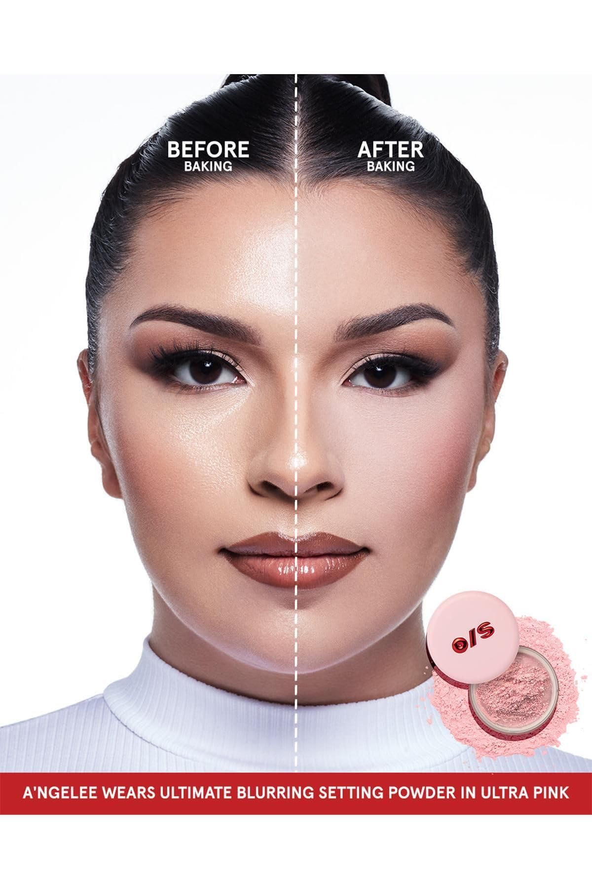 One Size Ultimate Blurring Setting Powder close-up shows soft focus powders blurring pores for smoother skin.