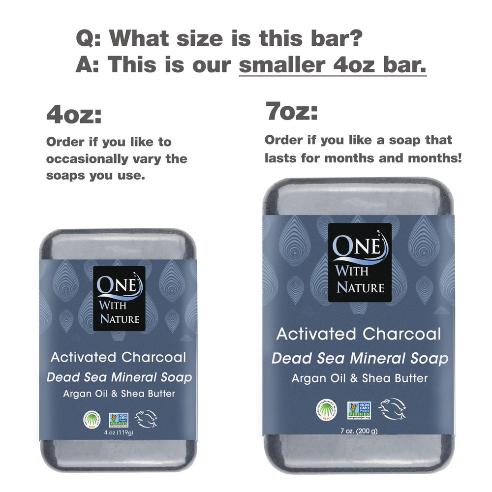 One With Nature activated charcoal soap bar closeup emphasizes pore-cleansing texture for smoother skin